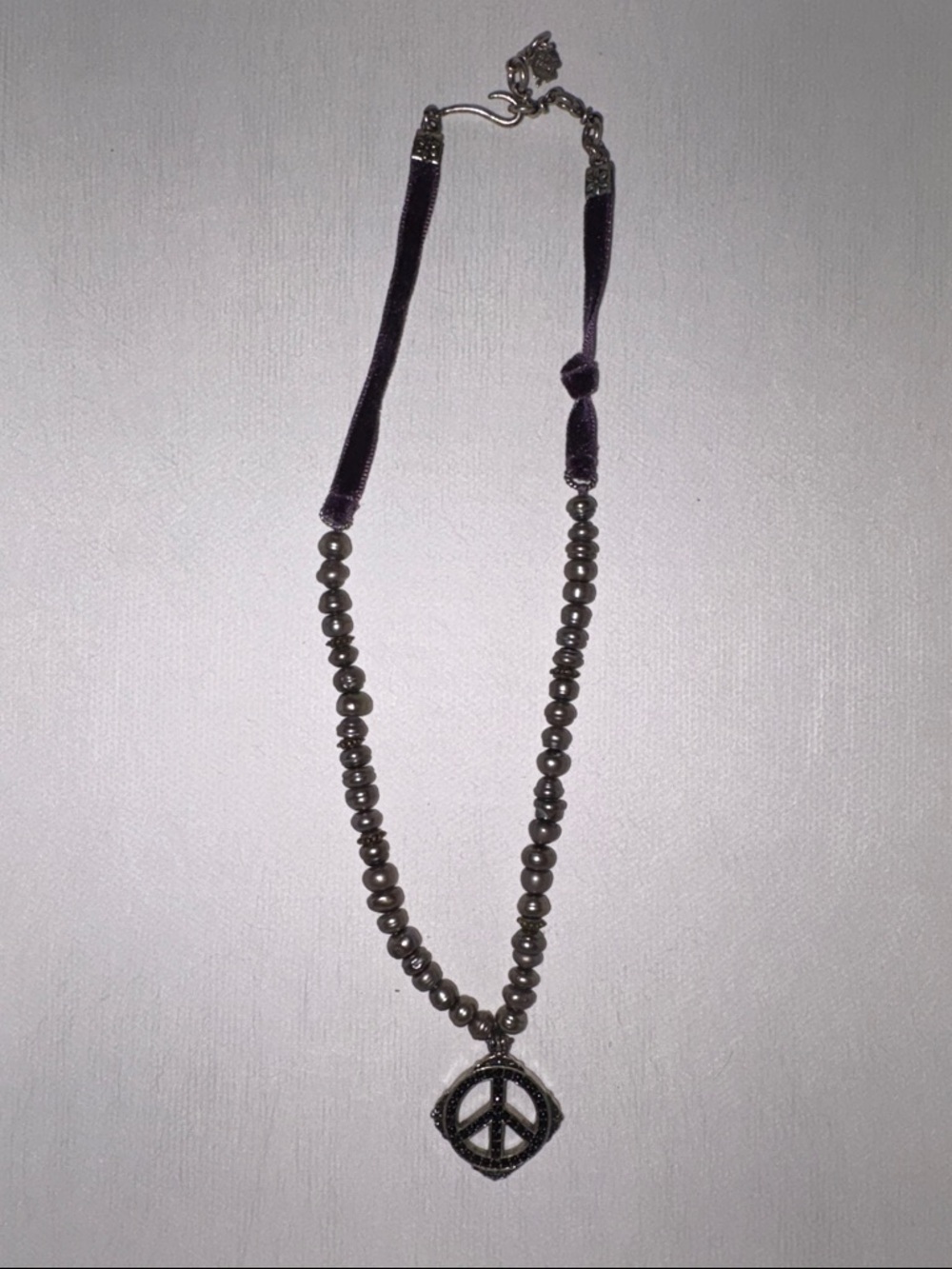 Lucky Brand Gray Beaded Necklace with Purple Velvet Cord and Peace Pendant